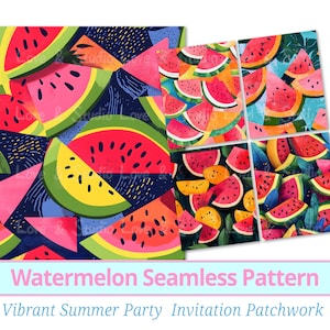 Puede incluir: Un conjunto de cuatro patrones de sandía sin costuras en colores vibrantes. Los patrones presentan rodajas de sandía en varias disposiciones, incluyendo un diseño de patchwork con hojas y un diseño geométrico con acentos en blanco y negro. Los patrones son perfectos para invitaciones a fiestas de verano, telas o papel tapiz.