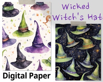 25 Seamless Wicked Witch&#39;s Hat Digital Paper, whimsical Pattern. Watercolor Halloween Party Invitation. Fantasy Craft Paper. Commercial Use