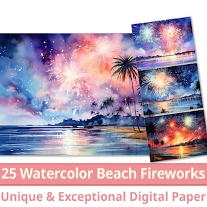 25 Watercolor Beach Fireworks Digital Paper, Pink and Blue Ocean Clipart, Making a Card, Journal, Wallpaper, Commercial Use