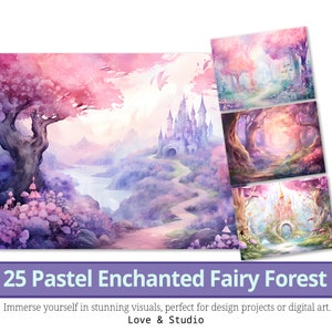 25 Pastel Enchanted Fairy Forest Digital Paper, Horizontal Type. Soft Pastel Shade Watercolor. Halloween Decor. Fantasy Element. Commercial