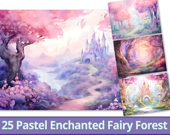25 Pastel Enchanted Fairy Forest Digital Paper, Horizontal Type. Soft Pastel Shade Watercolor. Halloween Decor. Fantasy Element. Commercial