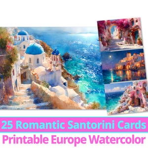 Carte postale papier numérique de Santorin, Grèce, aquarelle emblématique des cliparts, lot de cartes de ville européennes romantiques imprimables, usage commercial