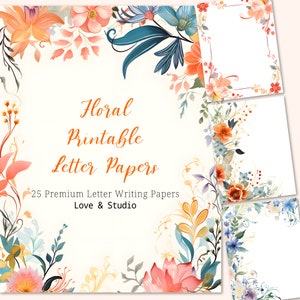 25 papeles de carta imprimibles florales, borde de página de acuarela. Escritura de cartas digitales, regalo por correspondencia, papel artesanal de papelería. Uso comercial