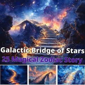 May include: A digital illustration of a magical bridge of stars, with a glowing path leading up to a celestial gateway. The image is titled "Galactic Bridge of Stars 25 Magical Zodiac Story".