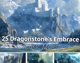 May include: A fantasy illustration of a white castle perched atop a rocky cliff overlooking a body of water. The castle is surrounded by clouds and birds. The text "25 Dragonstone's Embrace Volcanic Majesty" is displayed below the castle.