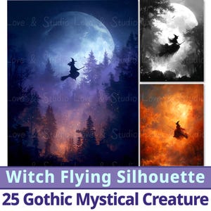 Papel digital imprimible de 25 brujas volando en escoba. Fantasía oscura. Decoración de Halloween. Fondo de criatura mística gótica. Uso comercial.