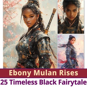 25 papeles digitales de Mulan Rises en color ébano, cuentos de hadas negros atemporales, imprimibles afroamericanos, princesas mágicas de melanina, uso comercial