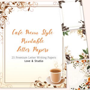 25 Papel de carta para impressão estilo menu de café, borda de página em aquarela. Escrita digital de cartas, correspondência, papelaria artesanal. Uso comercial