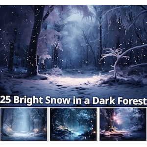 25 neve brillante in una carta digitale foresta oscura, sfondo fantasy. Realizzare un biglietto, un diario, uno sfondo e una copertina per un libro. Uso commerciale.