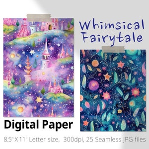 Może przedstawiać: Zestaw 25 cyfrowych papierów z fantazyjnymi ilustracjami z bajek. Papiery mają rozmiar 8,5 cala na 11 cali i rozdzielczość 300 dpi. Wzory obejmują zamki, gwiazdy i kwiaty w stylu akwarelowym.