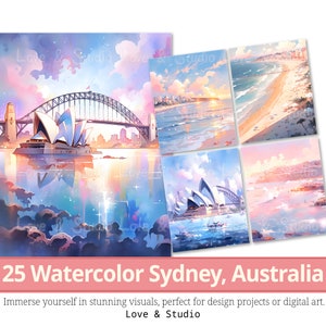 25 Sydney, Australia Papier cyfrowy, akwarelowy klipart przedstawiający operę, piękna plaża, sublimacja, zastosowanie komercyjne, NATYCHMIASTOWE pobranie.