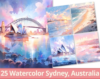 25 Sydney, Australia Carta digitale, Acquerello The Opera House Clipart, Bellissima spiaggia, Sublimazione, Uso commerciale, Download immediato.
