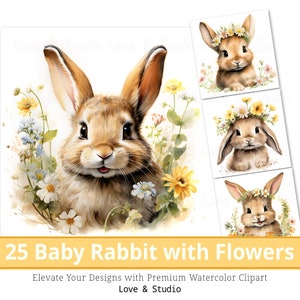 25 Baby Rabbit with Flower Crown Clipart, Watercolor Happy Smiling Safari Animal, Floral Sublimation, Commercial Use, INSTANT Download.