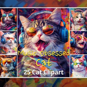 25 Cat Clipart, un chat obsédé par la musique avec un casque et des lunettes de soleil. Art de chat imprimable. Papier numérique. Fichier JPG de haute qualité, utilisation commerciale