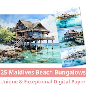 25 Maldives Beach Bungalows Digital Paper, Watercolor with Pen Brush The Maldives Clipart, Sublimation, Commercial Use, INSTANT Download.