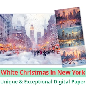 25 Carta digitale di Natale bianco a New York, paesaggio urbano innevato, sfondo invernale festivo, carta regalo per la collezione di vacanze, uso commerciale