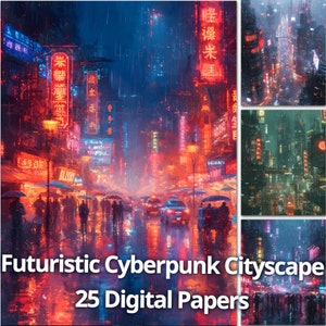 25 digitala papper med futuristiska cyberpunk-stadslandskap, utskrivbara dystopiska framtidslandskapsbakgrunder, neon noir-bakgrund. Kommersiellt bruk.