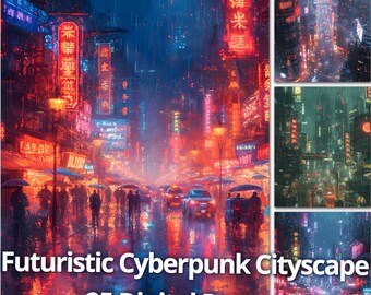 May include: A futuristic cyberpunk cityscape with neon lights and rain. The city is filled with tall buildings and flying cars. The image is a digital painting and is part of a set of 25 digital papers.
