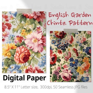 50 Patrón sin costuras Chintz de jardín inglés, flores diminutas vintage, papel digital de follaje. Suministro para manualidades, álbumes de recortes, diarios, creación de tarjetas.