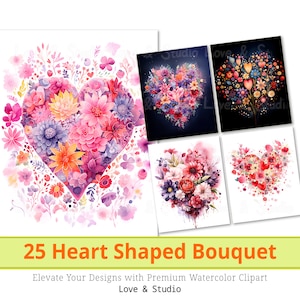 25 papel digital buquê em formato de coração. Clipart de forma de coração aquarela, padrão de fundo de amor e presente, álbum de recortes, uso comercial