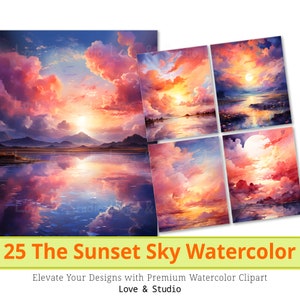 25 Acuarela El Papel Digital Sunset Sky. Fantástico cielo nublado Clipart, hermoso fondo del cielo, papel de Scrapbooking, uso comercial