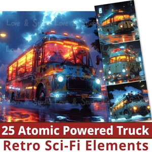 May include: A retro futuristic truck with glowing lights and a weathered paint job. The truck is driving through a rainy city street with neon signs and lightning in the background.