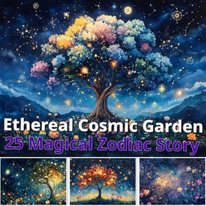 25 Ethereal Cosmic Garden Digitales Papier, magische Sternzeichen Geschichte. Fantasy Hintergrund, kosmische Landschaft, Astrologie-Enthusiast, kommerzielle Nutzung