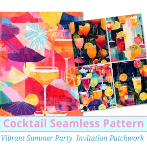 25 Cocktail e Ombrelli Patchwork Seamless Pattern. Collage di Bevande Carta Digitale. Sfondo Stampabile Temi Estivi, Uso Commerciale