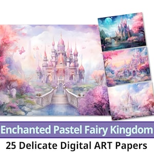 25 papier numérique Enchanted Pastel Fairy Kingdom, aquarelle château aux tons pastel doux. Papier artisanal. Bel élément fantastique. Utilisation commerciale