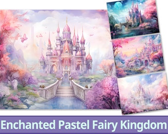 25 Enchanted Pastel Fairy Kingdom Digital Paper, Soft Pastel Shade Castle Watercolor. Craft Paper. Lovely Fantasy Element. Commercial Use
