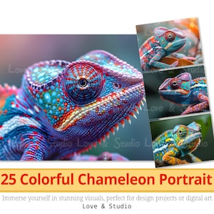 25 kleurrijke kameleon portret digitaal papier, afdrukbare realistische dieren clipart, hoogwaardige PNG-bestanden, commercieel gebruik, INSTANT downloaden.