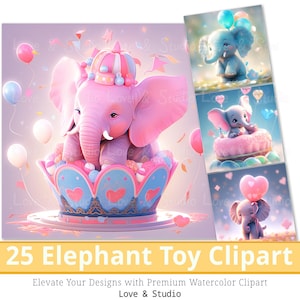 25 Babyolifant speelgoed clipart, 3D schattige dieren afbeelding, kleurrijke illustratie voor kinderen, commercieel gebruik, INSTANT Download.