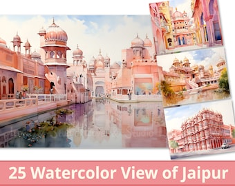 25 View of Jaipur, India Digital Paper, Watercolor with Pen Brush Pink Old City Clipart, Sublimation, Commercial Use, INSTANT Download.