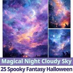 Papel digital "Una noche mágica con cielo nublado", fantasía oscura imprimible, decoración de Halloween. Fondo de criatura mística gótica. Uso comercial.