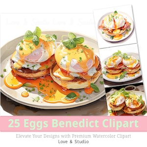 25 Eier Benedikt Aquarell Clipart, Verwöhn Brunch digitales Papier, druckbare Frühstück Illustration, Essen Scrapbook Bild kommerzielle Nutzung