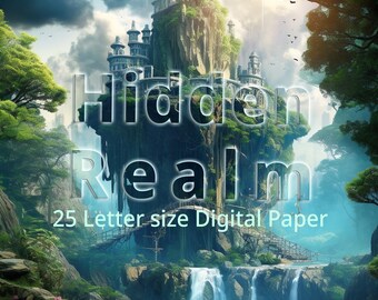 May include: A digital paper featuring a fantasy landscape with a floating castle, waterfalls, and lush greenery. The text "Hidden Realm" is superimposed over the image. The text "25 Letter size Digital Paper" is at the bottom of the image.
