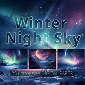 25 carta digitale Winter Night Aurora Sky, paesaggio innevato fantasy stampabile, uno sfondo magico da fiaba. Sfondo artigianale digitale.