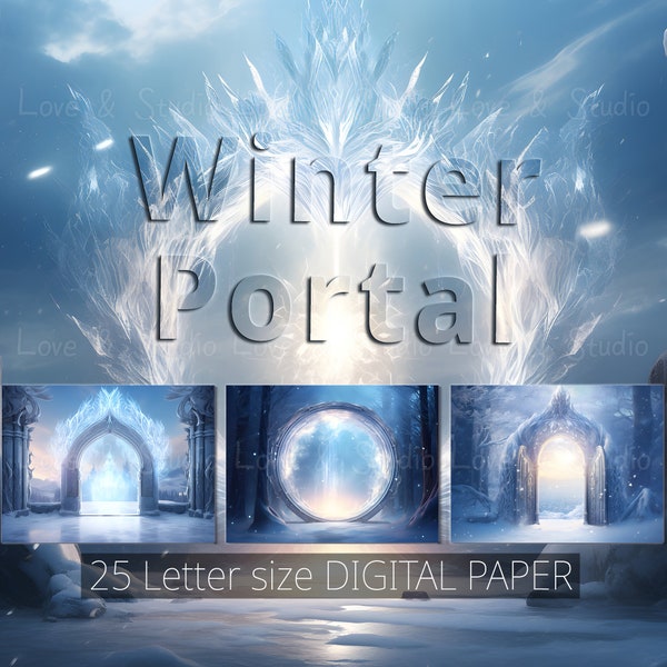 25 Papier numérique Winter Portal, énergie magique fantastique imprimable, un fond de conte de fées magique. Toile de fond d’artisanat numérique. Un usage commercial.