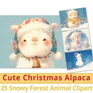 25 lindas imágenes prediseñadas de alpaca navideña, papel digital de amigos del bosque nevado, magia invernal del bosque para niños, paquete de manualidades navideñas, uso comercial