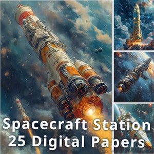 25 ruimtevaartuig station digitaal papier, afdrukbare dystopische Futurescapes achtergrond, ruimteschip op ruimte achtergrond. Commercieel gebruik
