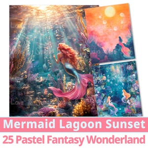25 Mermaid Lagoon Sunset digitaal papier. Magical Pastel World Dreamscape-collectie. Fantasy Wonderland voor kleine dromers, commercieel gebruik