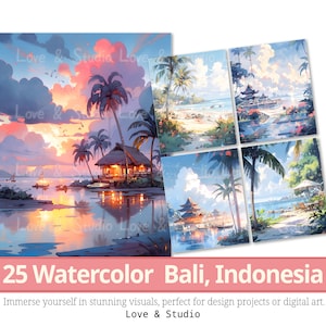 25 Bali, Indonesia Papel Digital, Acuarela Playas Tropicales Clipart, Sunset Beach PNG, Uso Comercial, Descarga INSTANTÁNEA.