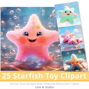 25 Baby Starfish Toy Clipart, 3D Cute Animal Clipart, Kleurrijke zeedieren illustratie voor kinderen, Digitaal knutselen, Commercieel gebruik