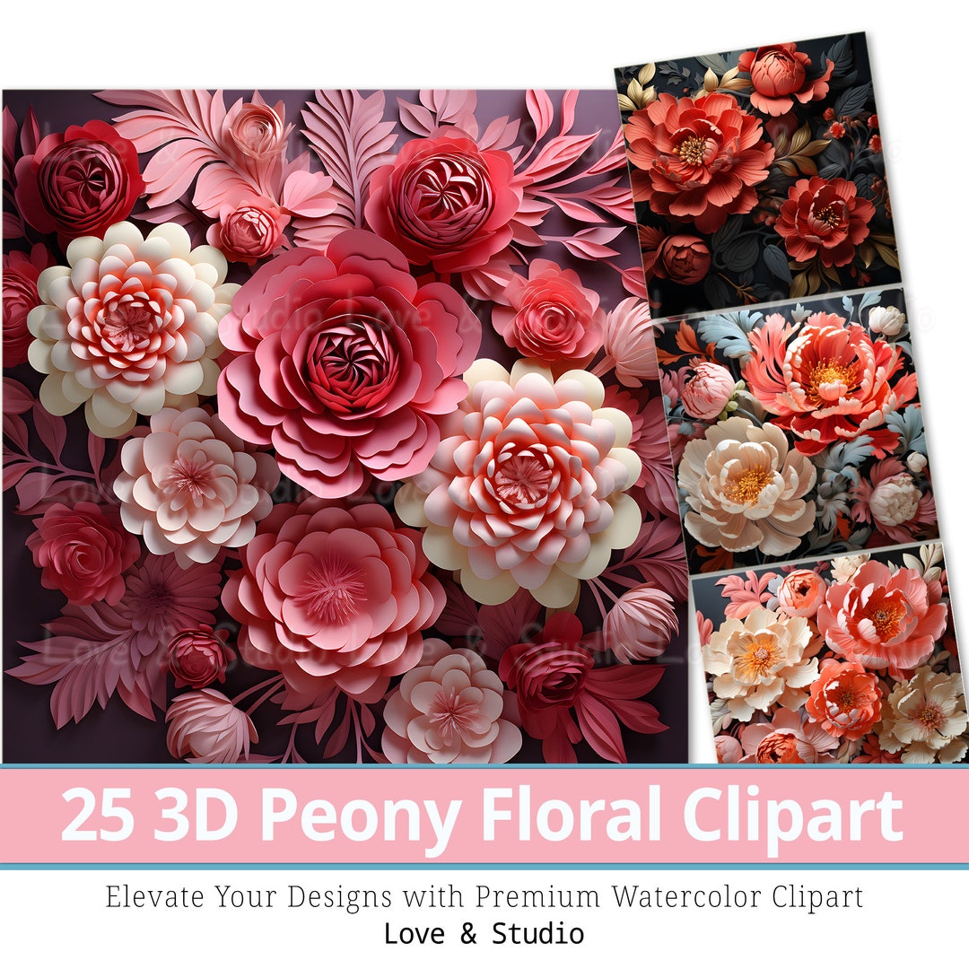 25 3D Floral Digital Paper, Peony Flower Medley Background, 20X20 In ...