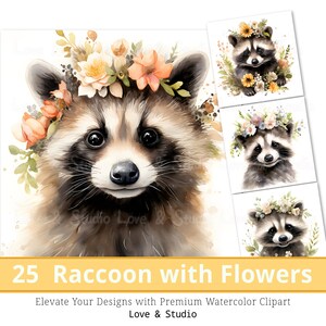 25 Bébé raton laveur avec couronne de fleurs Clipart, Aquarelle Happy Smiling Safari Animal, Floral Sublimation, Utilisation commerciale, Téléchargement INSTANTANÉ.