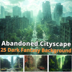 25 papeles digitales con paisajes urbanos abandonados, imágenes futuristas distópicas, fondo postapocalíptico, inspirado en juegos de rol, uso comercial