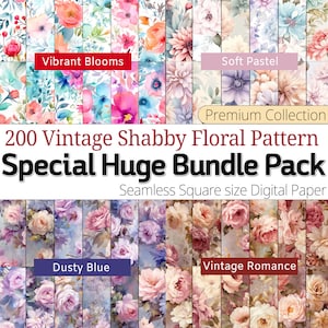 200 Shabby Chic Floral Seamless Pattern, Special Huge Bundle Pack, Vintage Flower Digital Paper. Junk  Journal. Craft supply. Commercial Use