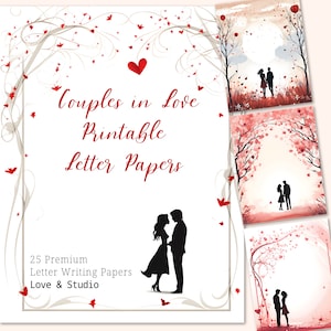 Papel de carta para impressão de 25 casais apaixonados, borda da página do Dia dos Namorados. Cartão de convite para impressão, papel artesanal. Uso comercial