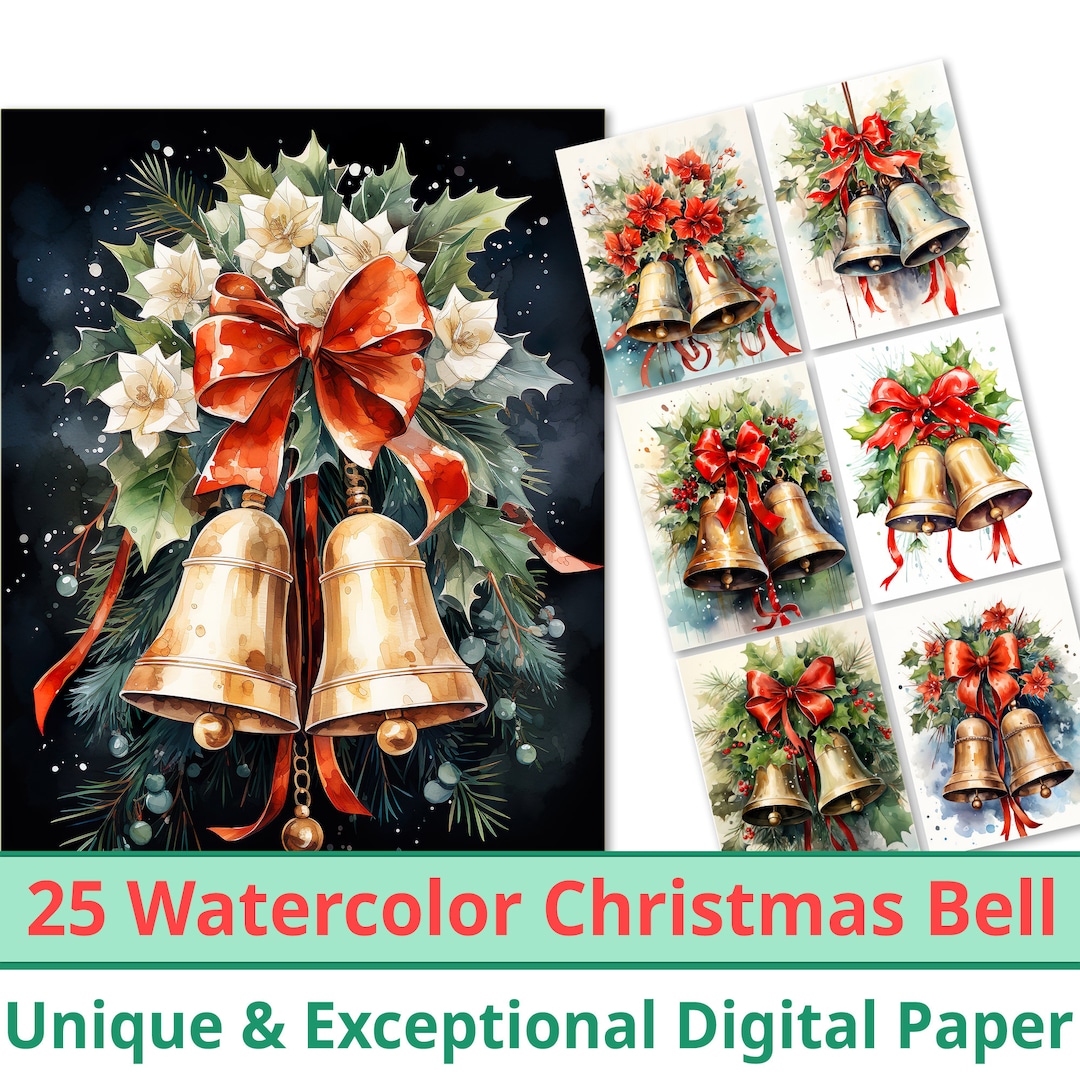 25 Christmas Bell Digital Paper, Colorful Traditional Bell With Ribbon ...