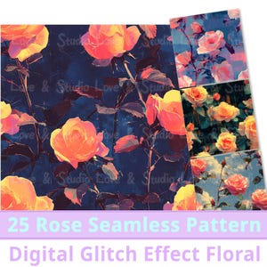 Könnte beinhalten: 25 digitale nahtlose Muster mit rosa und orangefarbenen Rosen mit einem Glitch-Effekt auf einem dunkelblauen Hintergrund. Die Muster sind perfekt zum Erstellen digitaler Scrapbook-Seiten, Hintergründe und anderer digitaler Bastelarbeiten.
